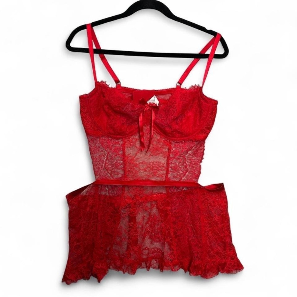 Victoria's Secret Red Lace Bustier Babydoll Lingerie Romantic Pinup XL Coquette
